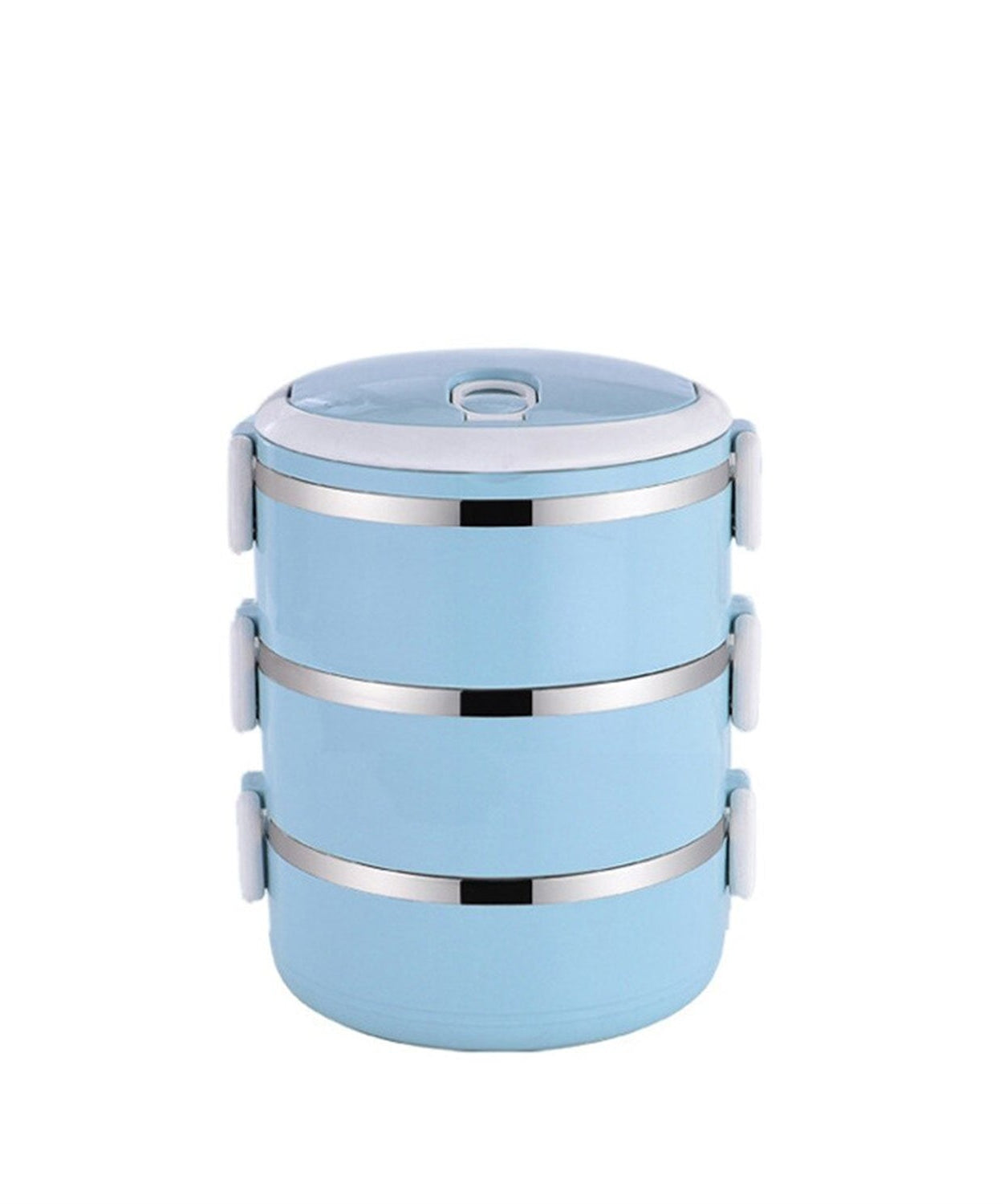 Three layer stainless steel lunch box for keeping food hot.
