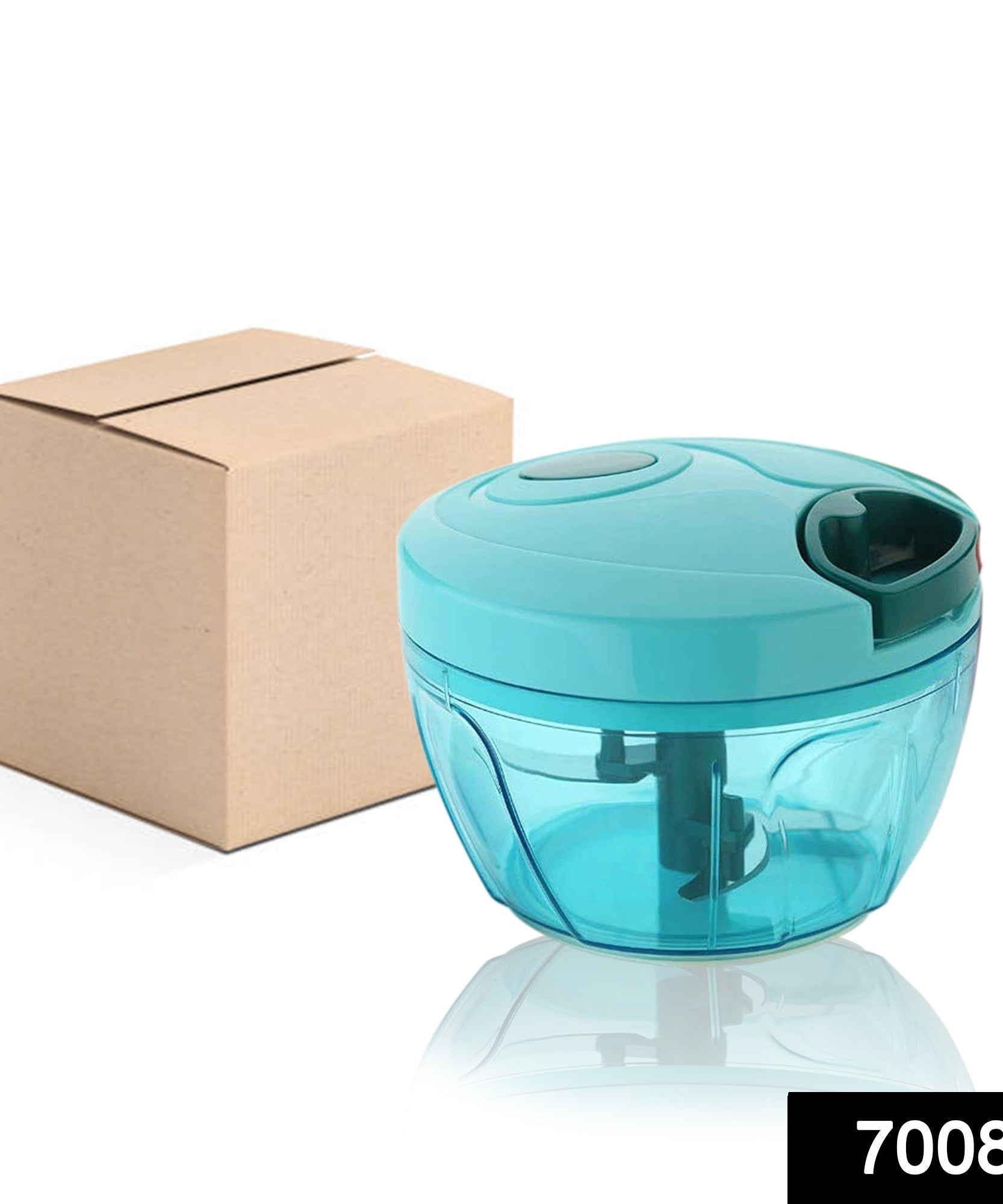 Vegetable chopper with manual operation, stainless steel blades in brown box.