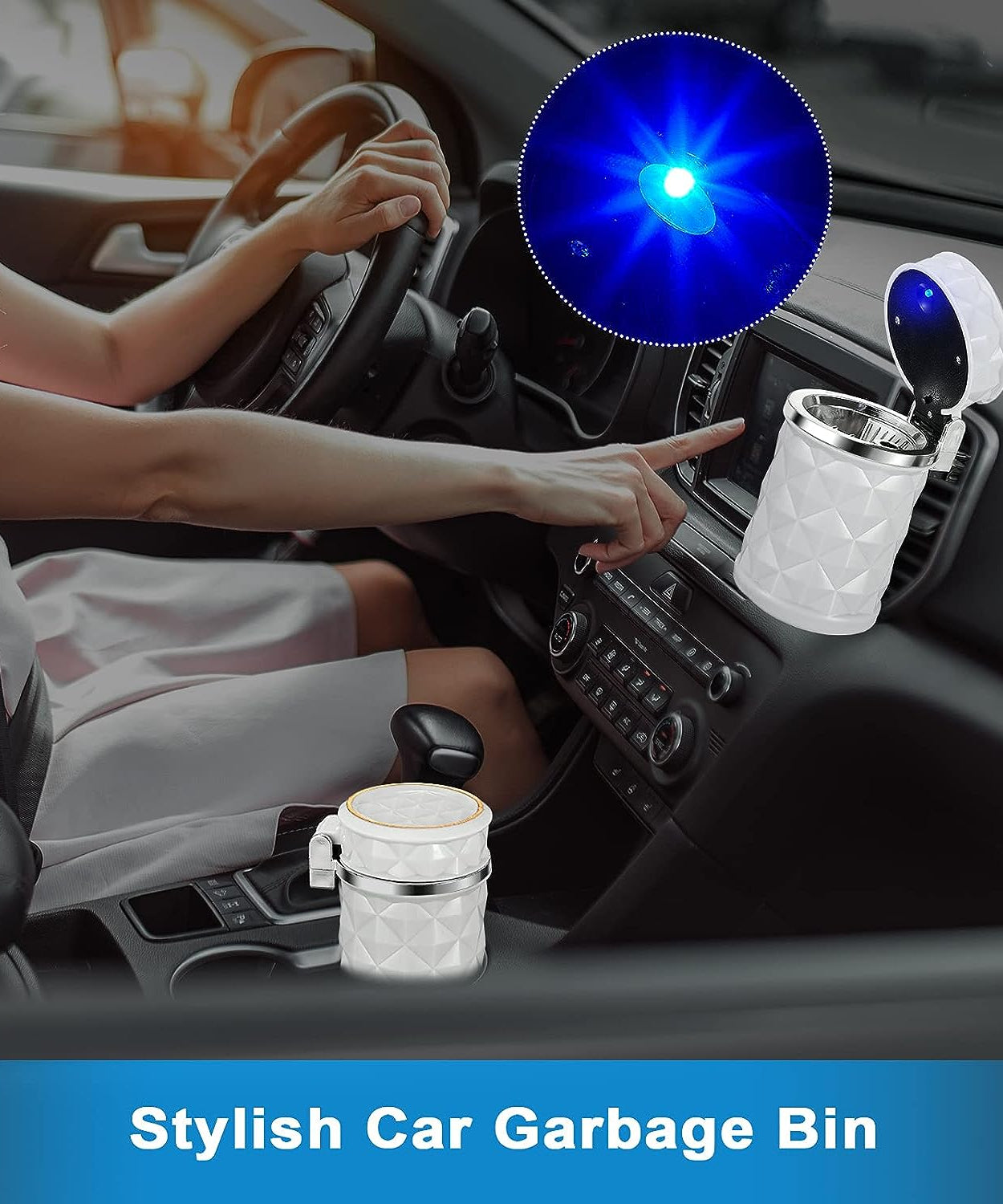 Blue LED car ashtray, portable with lid for cigarette waste