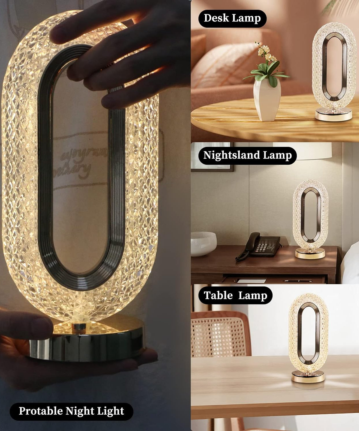 Stylish crystal diamond lamp, USB rechargeable with touch dimming