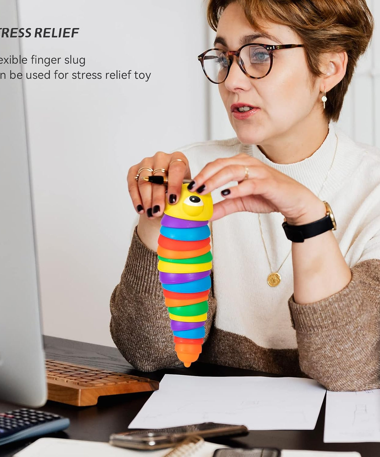 3D Rainbow Color Plastic Slug Fidget Toys, Stress Relieving Toy, Sensory Slug Toy for Boys and Girls, Finger slug Toy, for Autistic, Caterpillar Fidget Toys Stress Relief Gifts for Toddlers Kids Adults  (1 Pc)