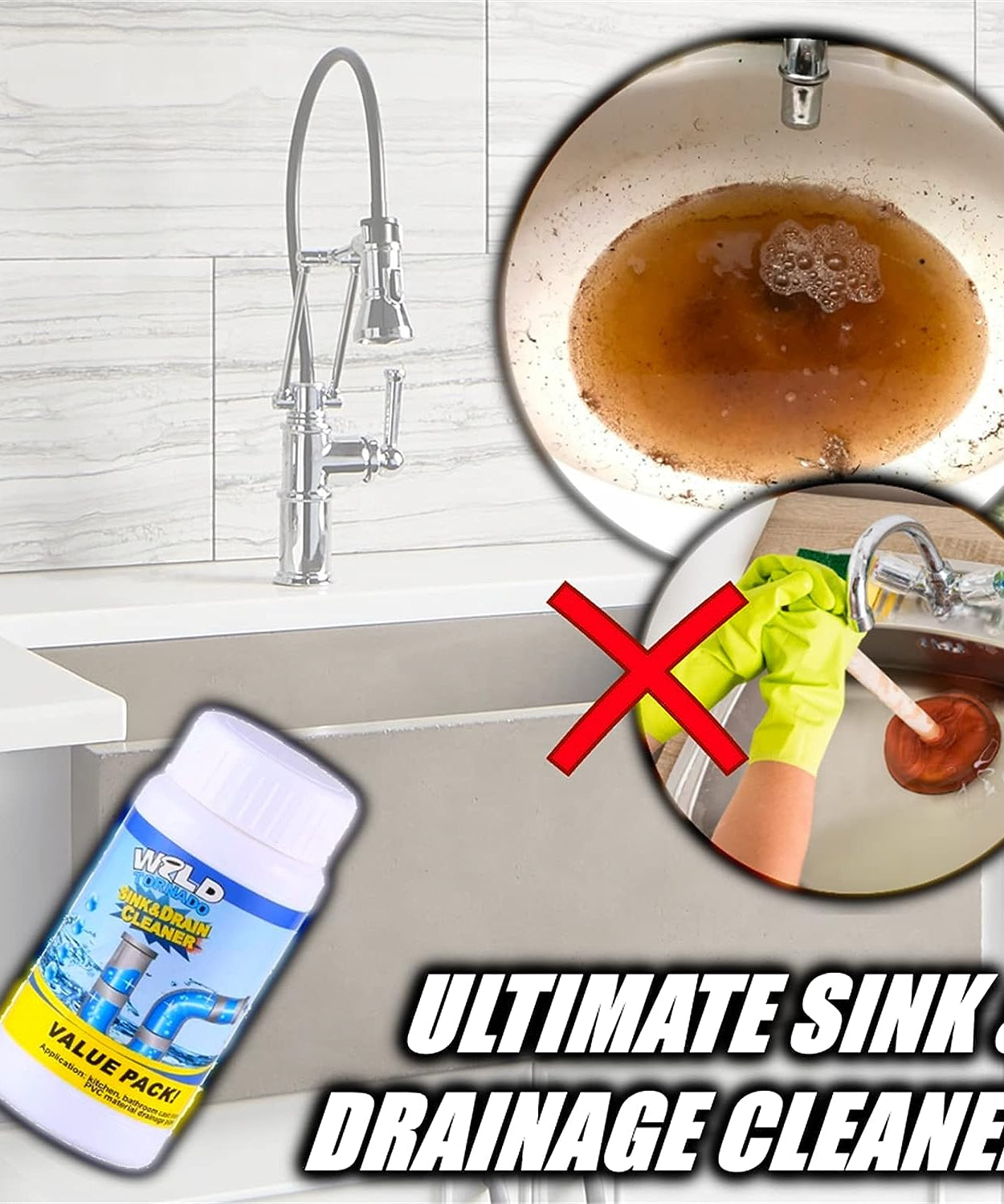 Portable clog remover powder for kitchen and toilet pipes.