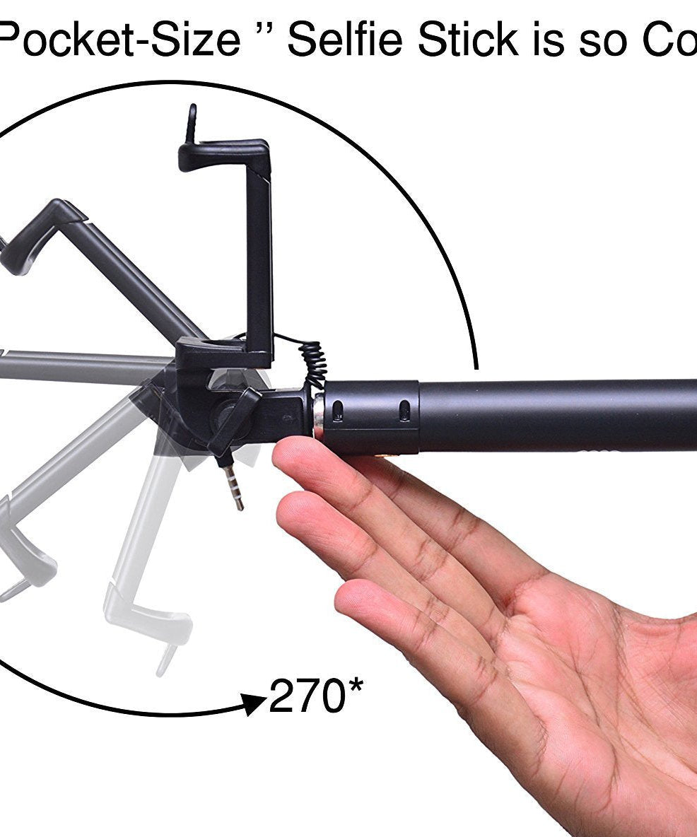 Flexible selfie stick with aux wire for easy grip.