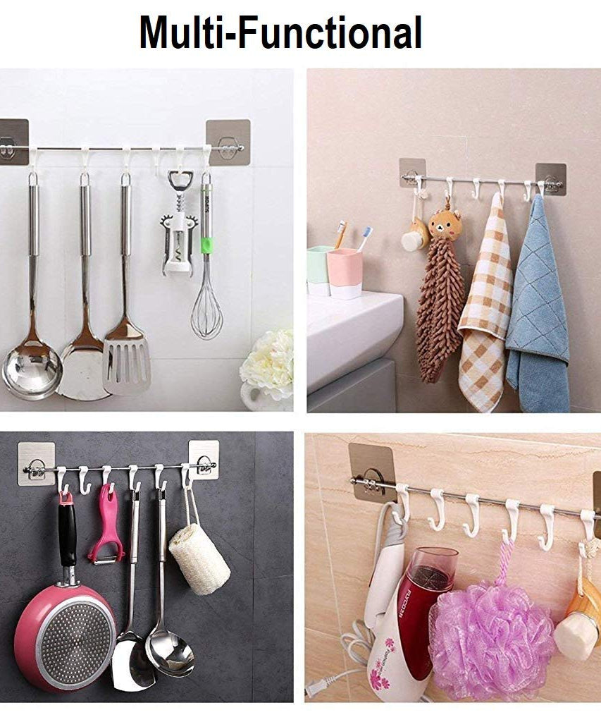 Plastic adhesive hooks for multipurpose hanging and organization.