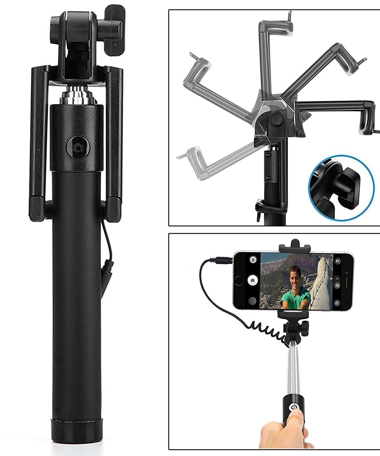 Adjustable selfie stick with aux cable for smartphones.