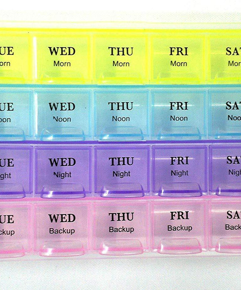 4-row weekly pill case organizer with 28 compartments for daily medicine storage.