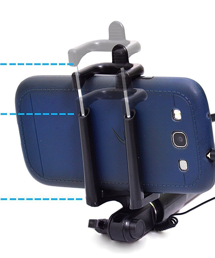 Selfie stick with aux wire and adjustable phone holder.