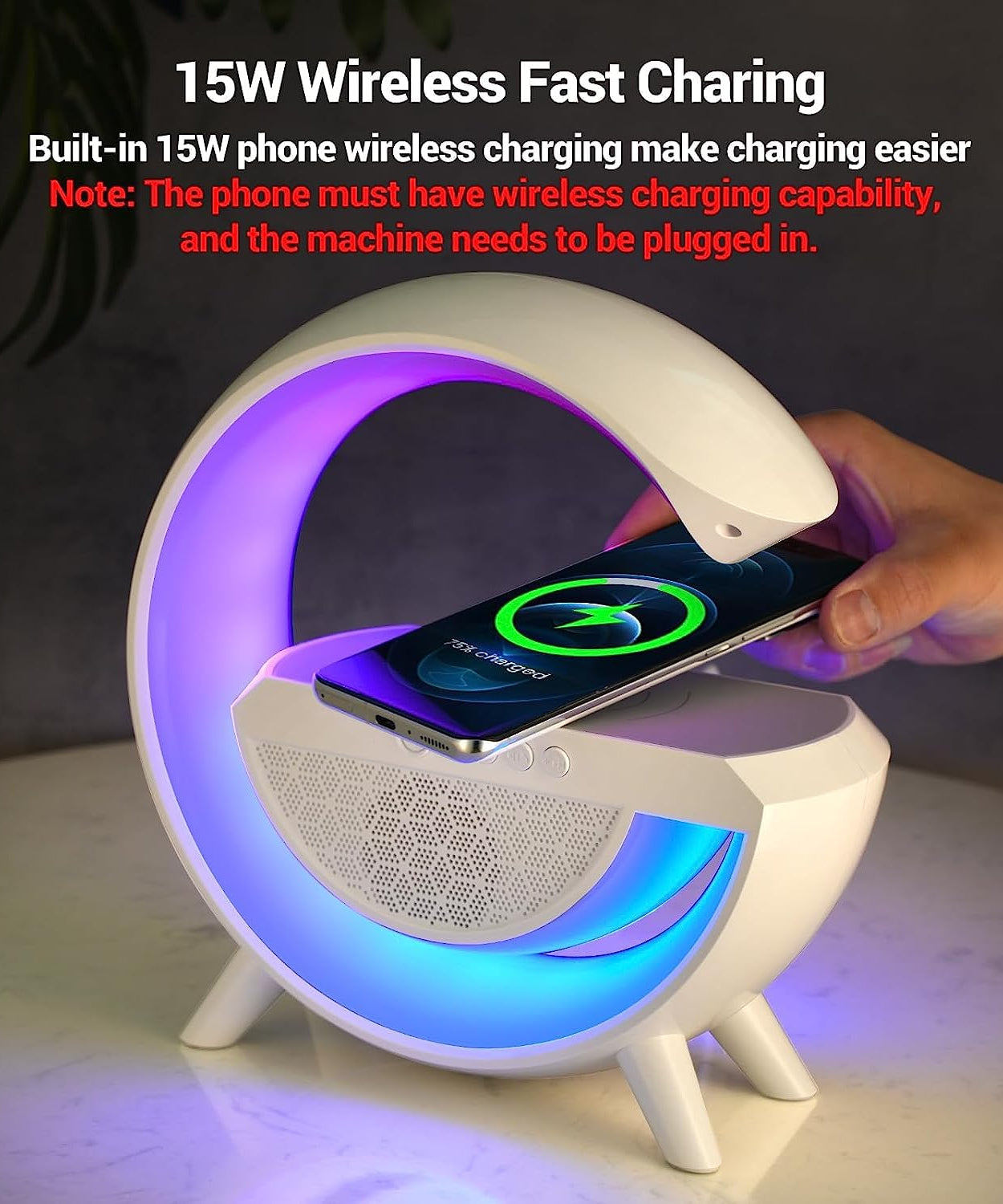 LED light with Bluetooth speaker and wireless charging