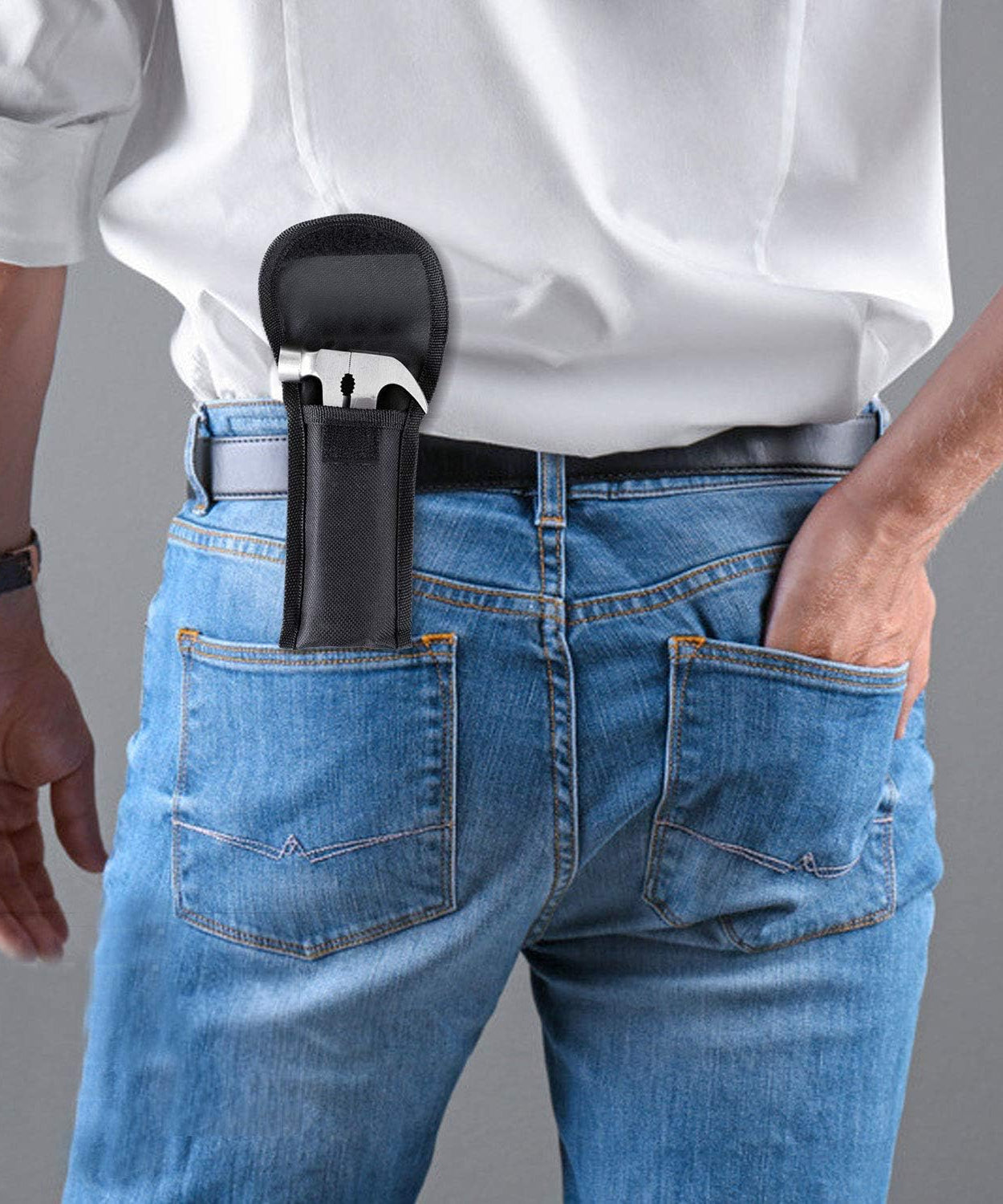 Multi-functional gadget with hammer and tools, great for outdoor and camping use.