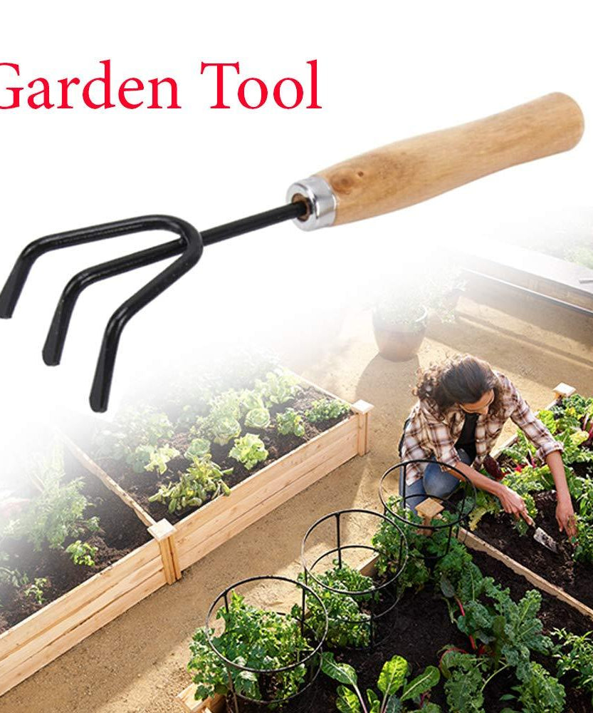 Black steel hand cultivator for gardening tasks.