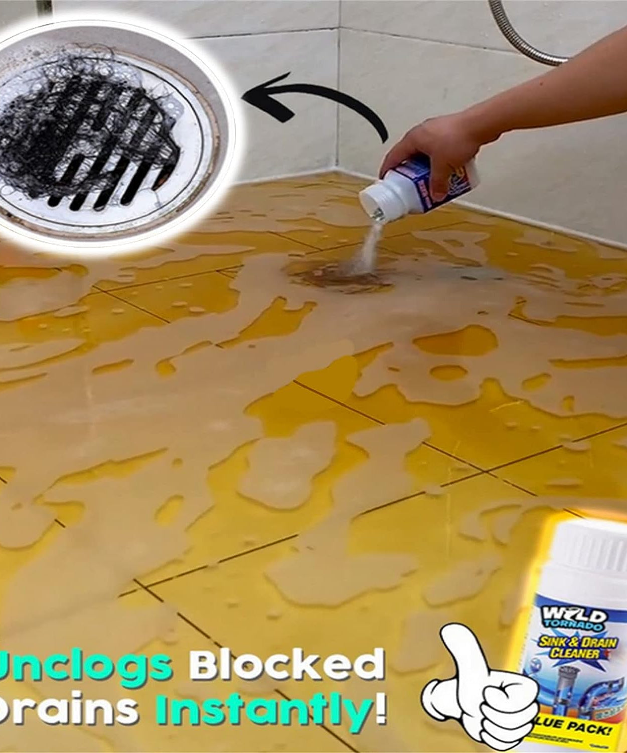 Sink and drain cleaner powder for kitchen and toilet use.