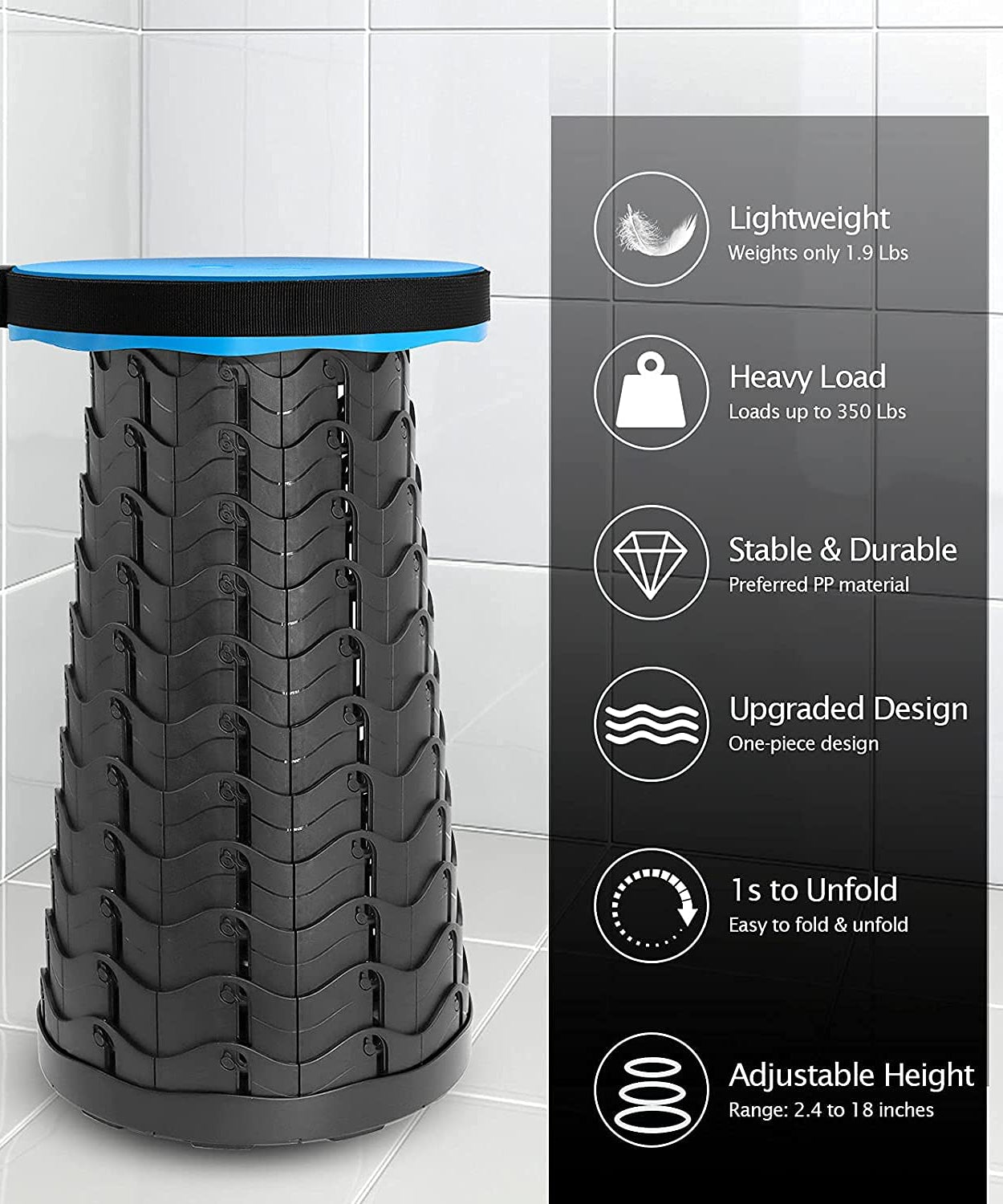 Foldable and height-adjustable stool, available in various colors