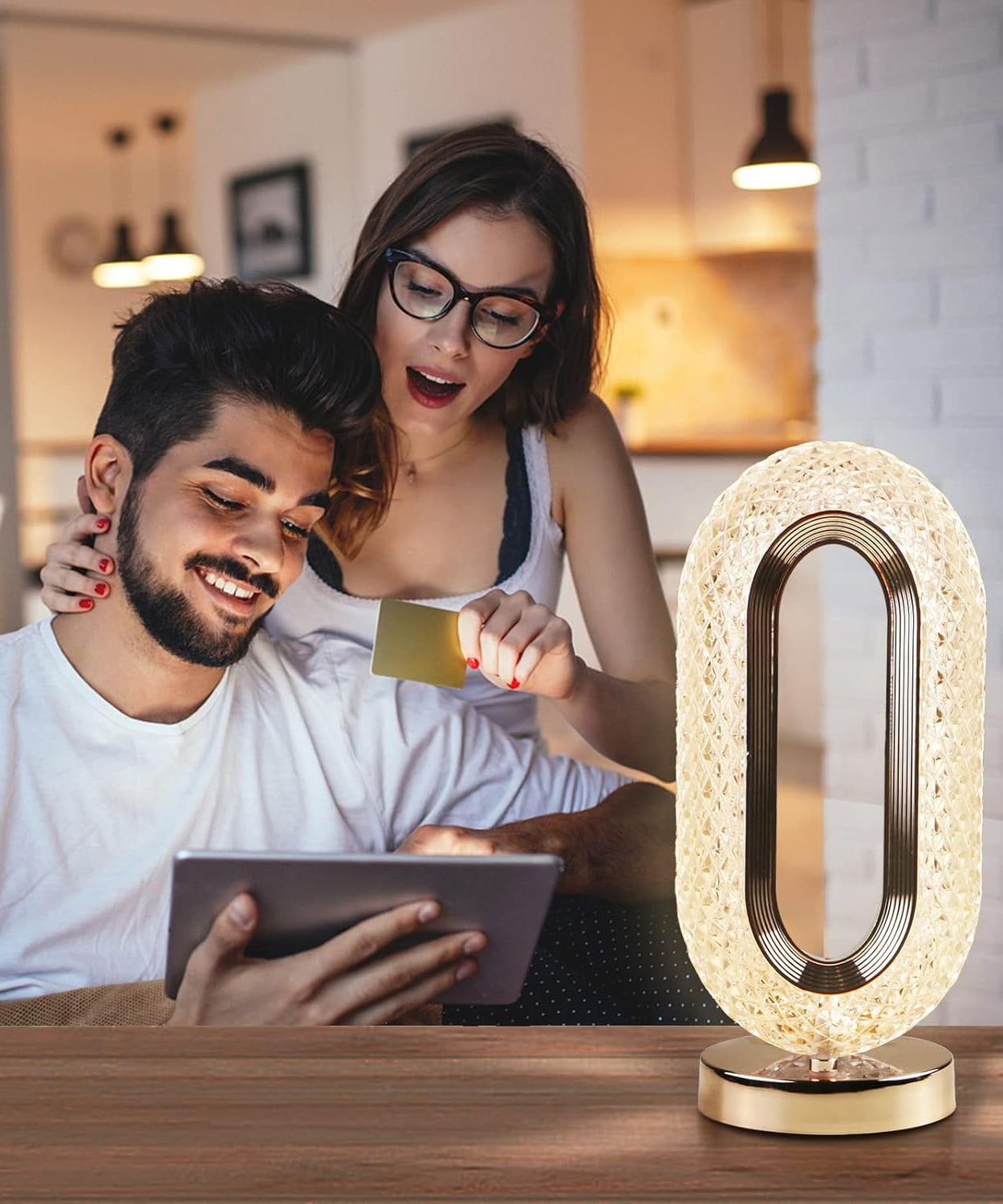 Elegant crystal diamond lamp with USB charging and dimmable light