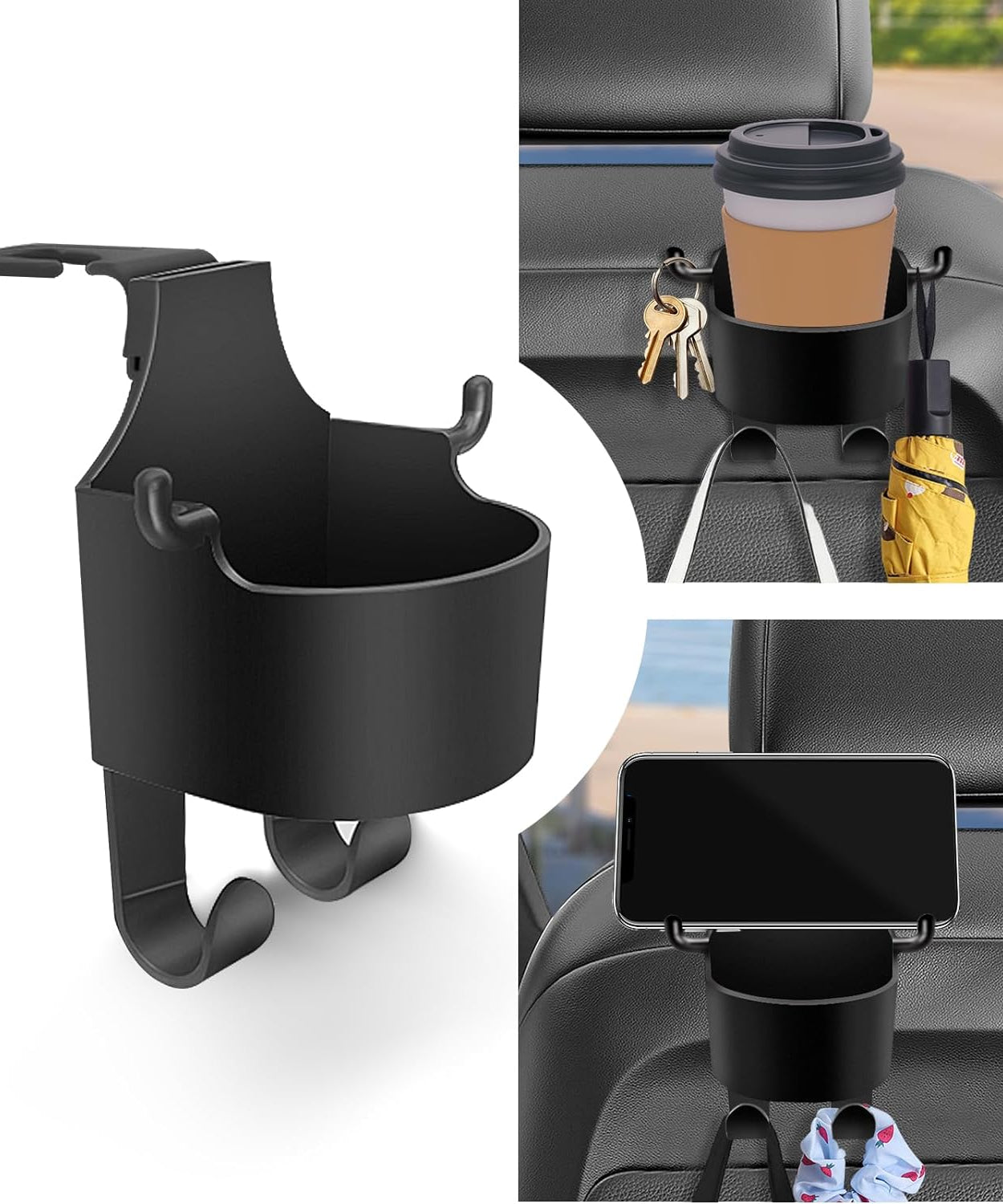 Car Headrest Backseat Organizer, 3 in 1 Automotive Cell Phone Drink cupholder Adapter with Headrest Hooks for Kids and Adults, Multifunctional Storage for Car Travel Accessories