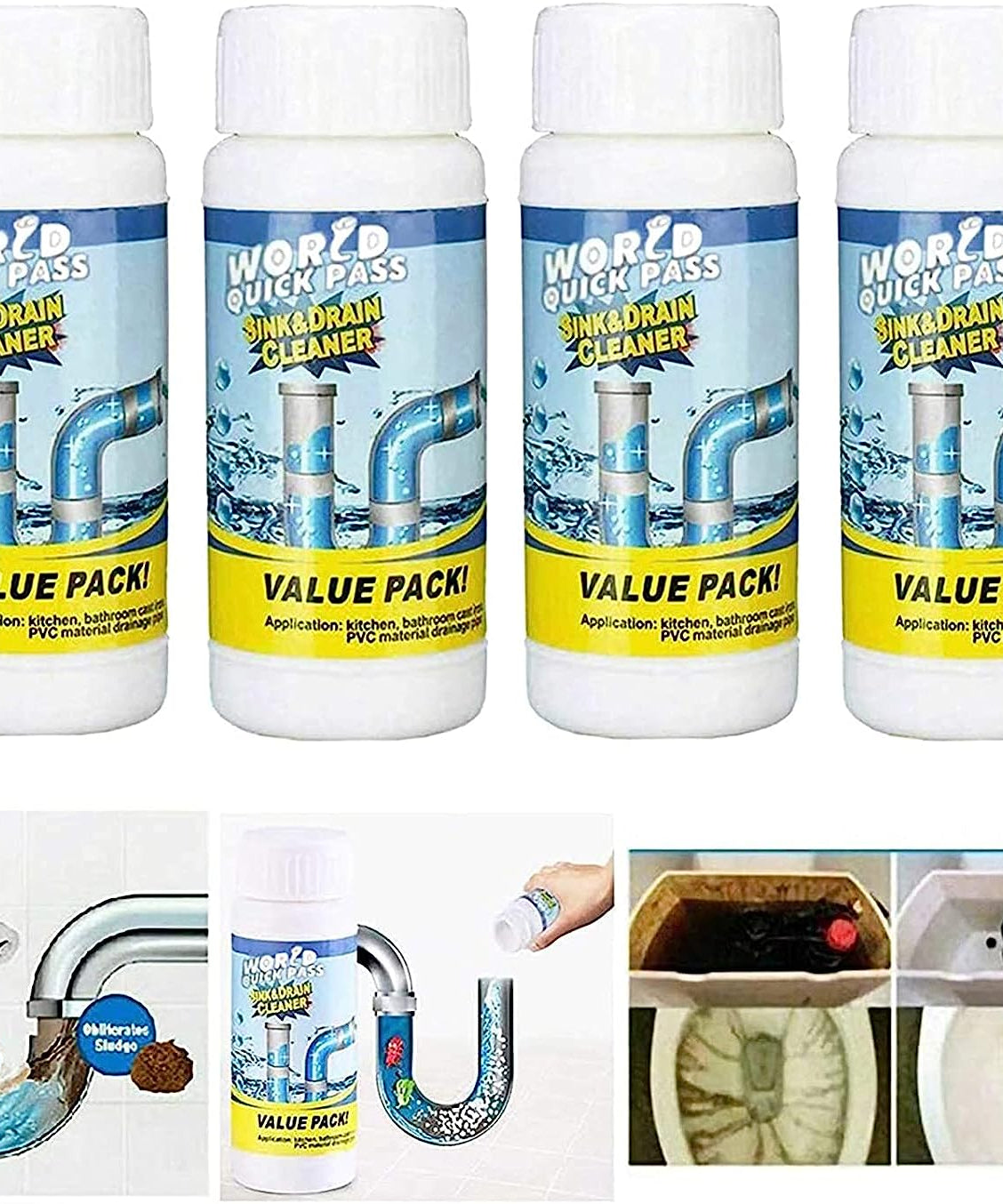 Drain cleaner powder for tackling blockages and clogs.