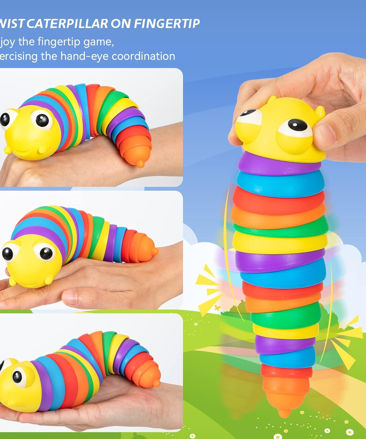 3D Rainbow Color Plastic Slug Fidget Toys, Stress Relieving Toy, Sensory Slug Toy for Boys and Girls, Finger slug Toy, for Autistic, Caterpillar Fidget Toys Stress Relief Gifts for Toddlers Kids Adults  (1 Pc)