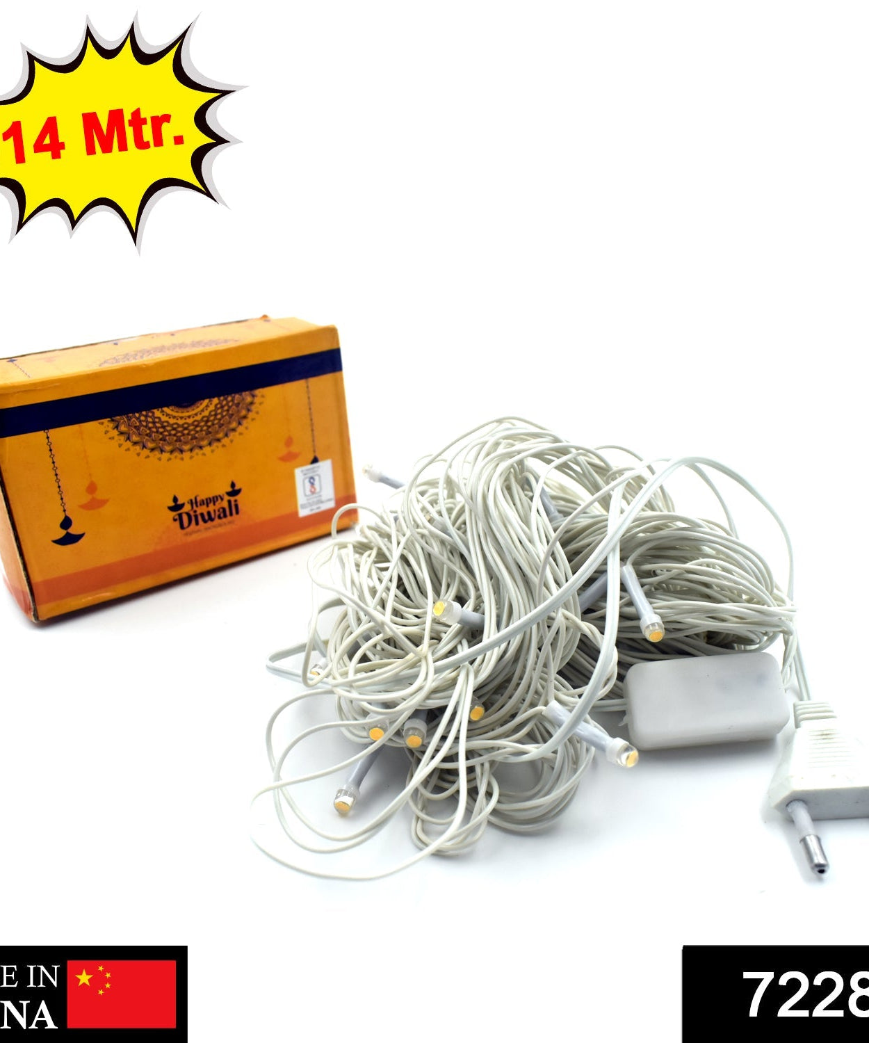 Glowing string lights hanging in a room