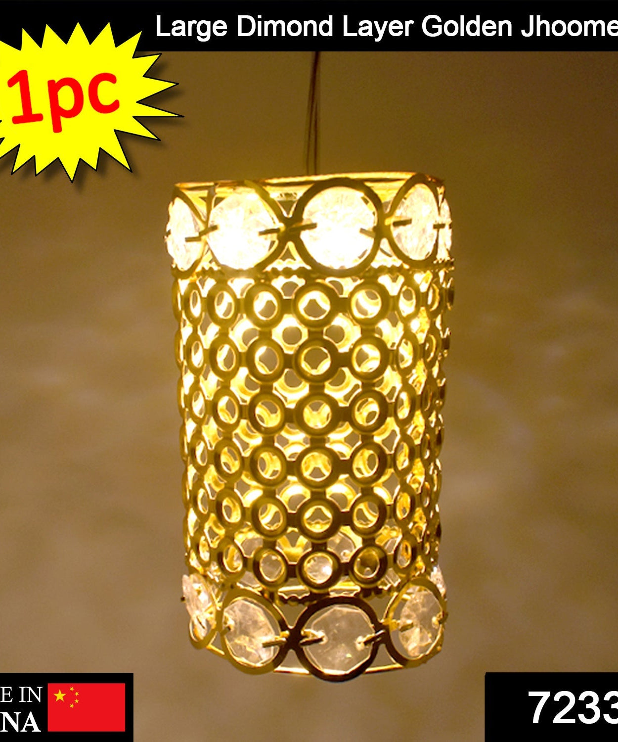 Large golden jhoomer with diamond design.