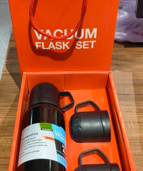 Black Vacuum Flask Set – Stainless Steel Thermos with 3 Cups, Approx 500ml