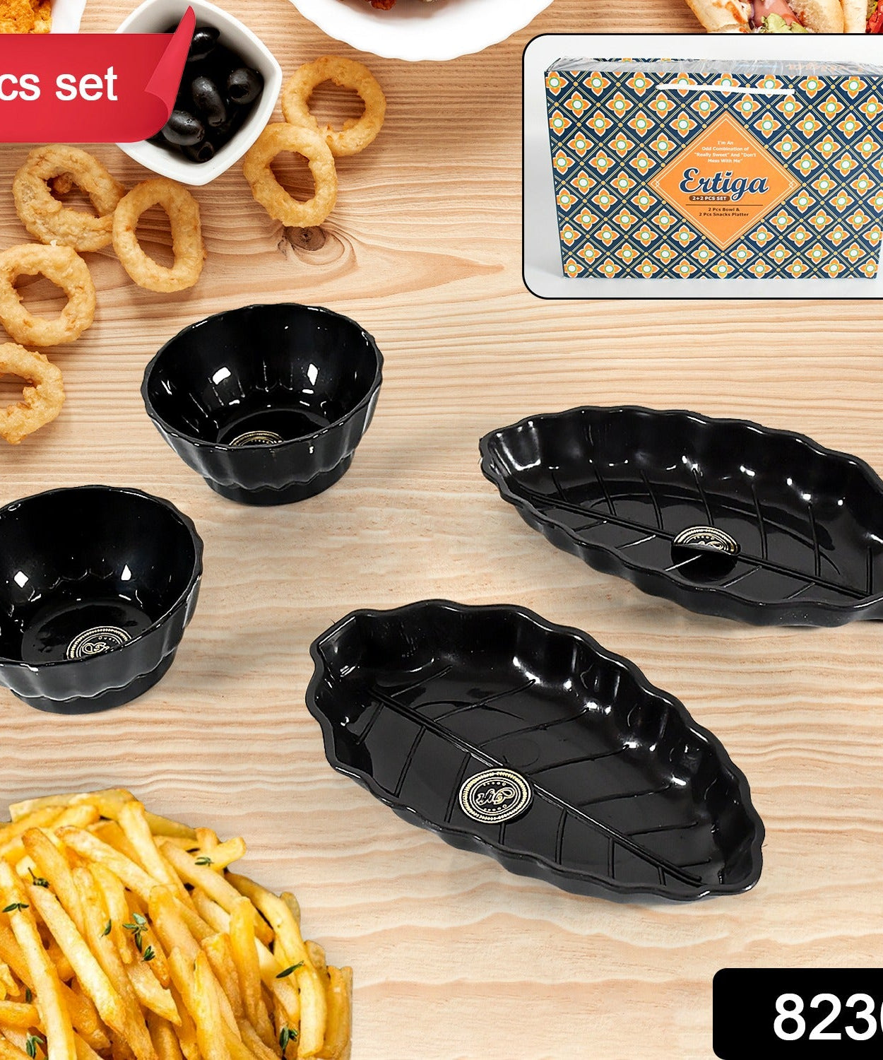 Ertiga Round Ceramic Bowl With Plastic leaf shape Serving platter Portable, Lightweight Breakfast, Serving Bowl | Highly Durable Material | Ideal for Rice, Pasta, Desserts Home & Kitchen Serving Bowl & platter (4 Pcs set)