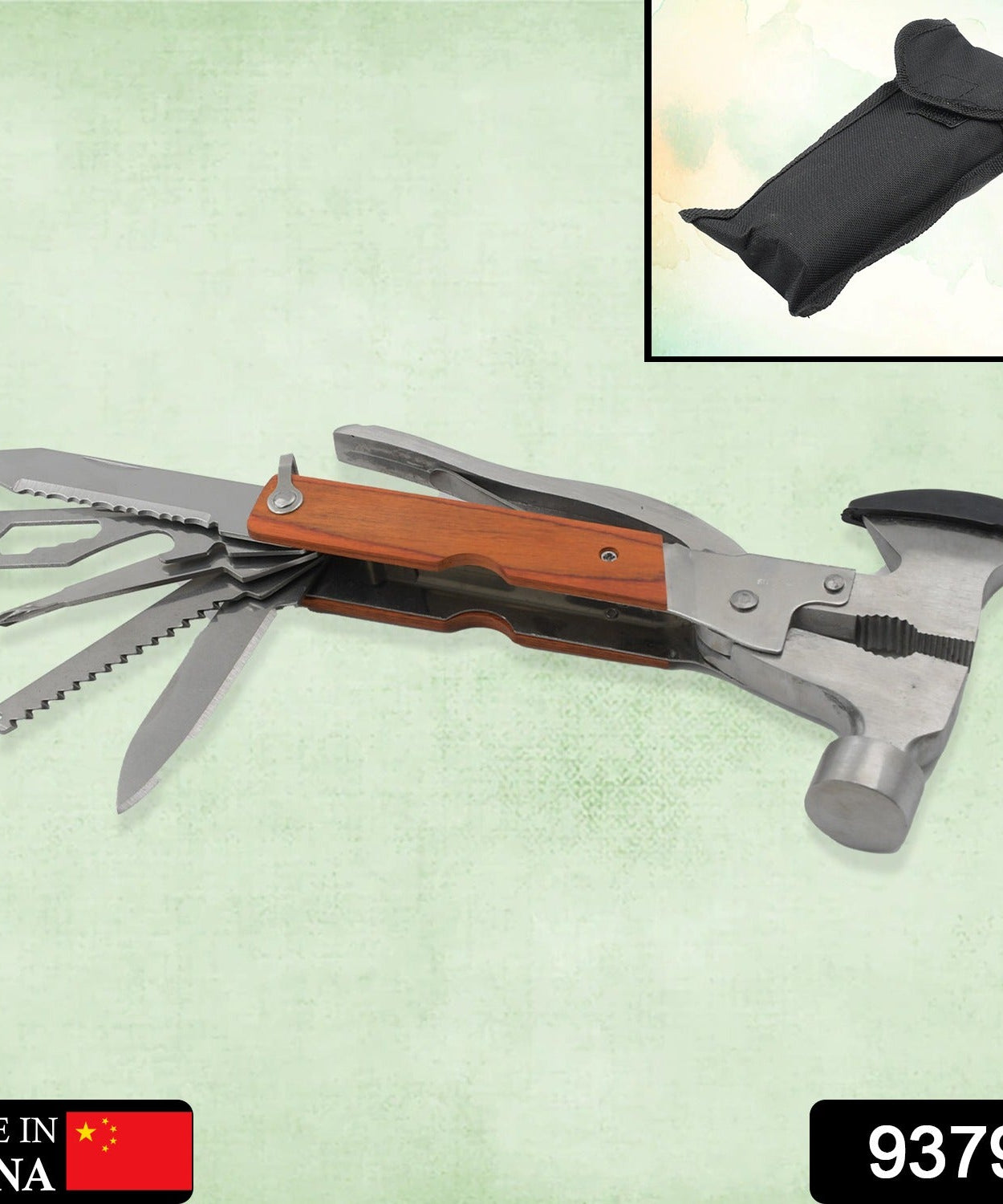 Compact multitool with hammer, screwdriver, and opener features for versatile use.