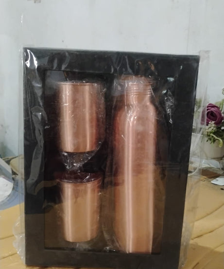 Copper Water Bottle 2 Glasses with Gift Box (3 Pcs Set)
