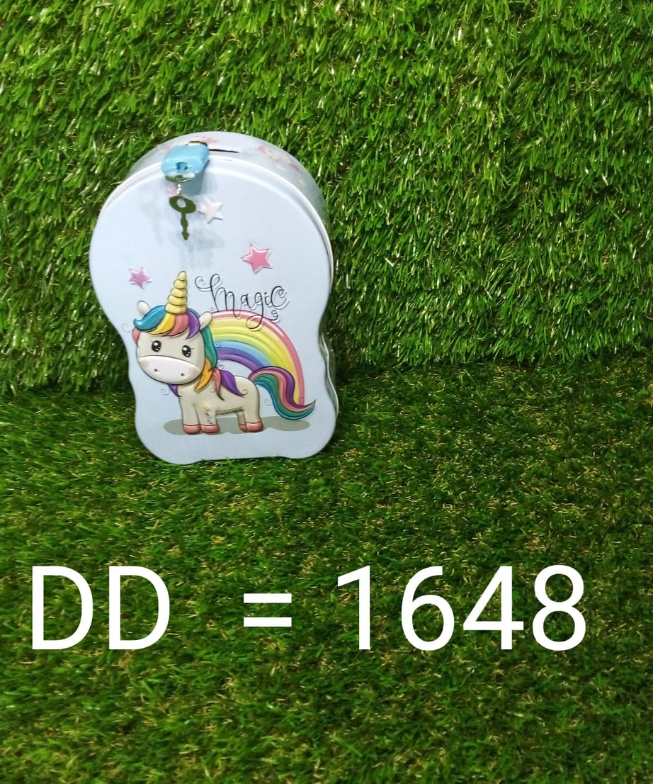 Piggy bank with a cartoon character design, made of metal for collecting coins and saving money