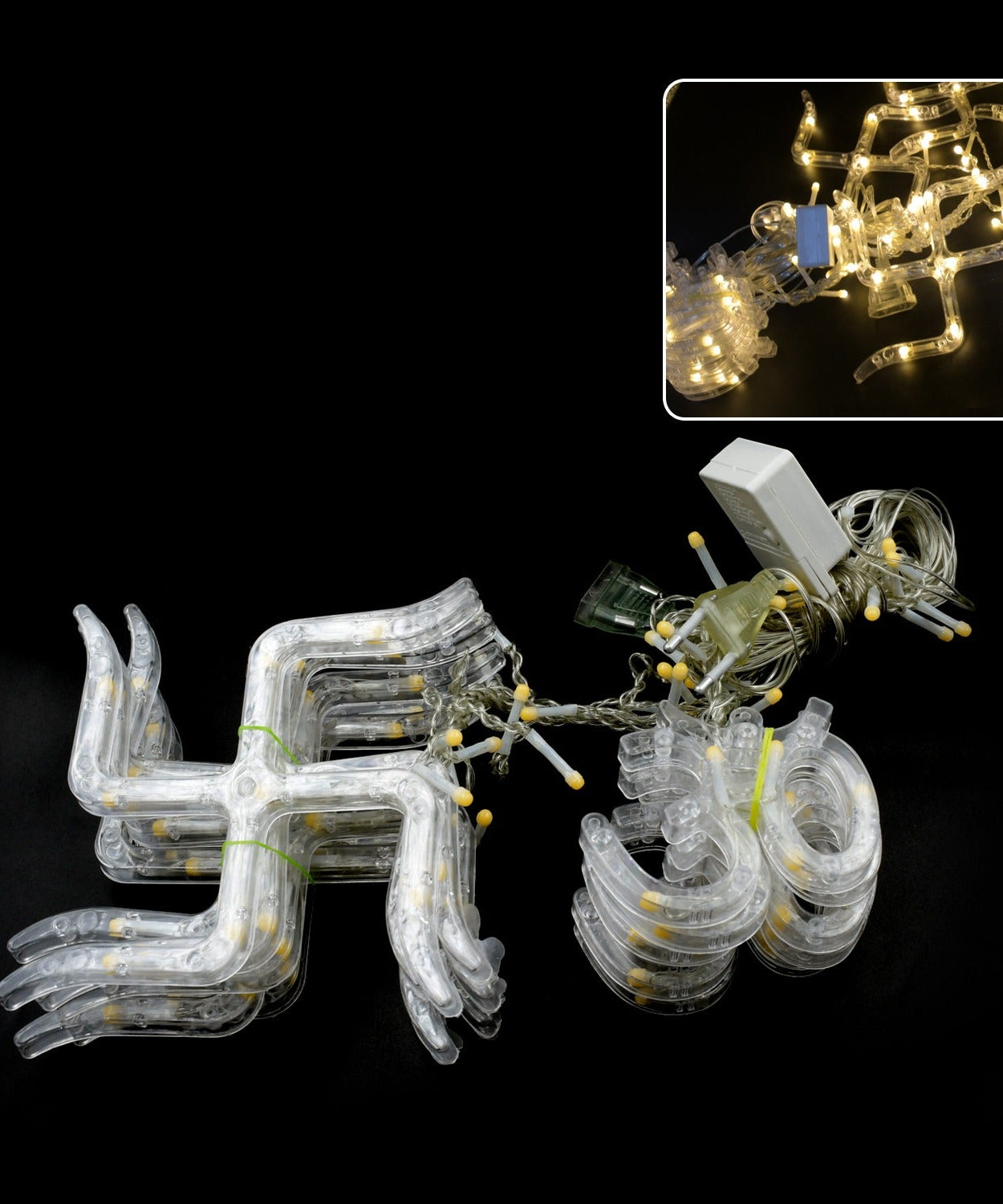 Full view of string lights used for Diwali, showing LED lights and hanging decorations.