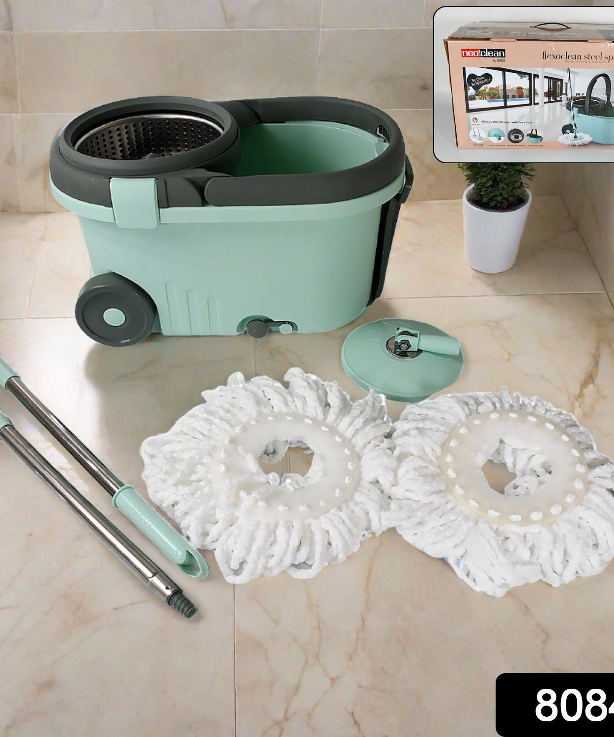 Ganesh Quick Spin Mop Steel Spin, Bucket Floor Cleaning, Easy Wheels & Big Bucket, Floor Cleaning Mop With Bucket, 2 Micro fiber head / Refill