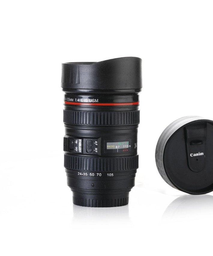 Coffee flask with camera lens design, including a lid