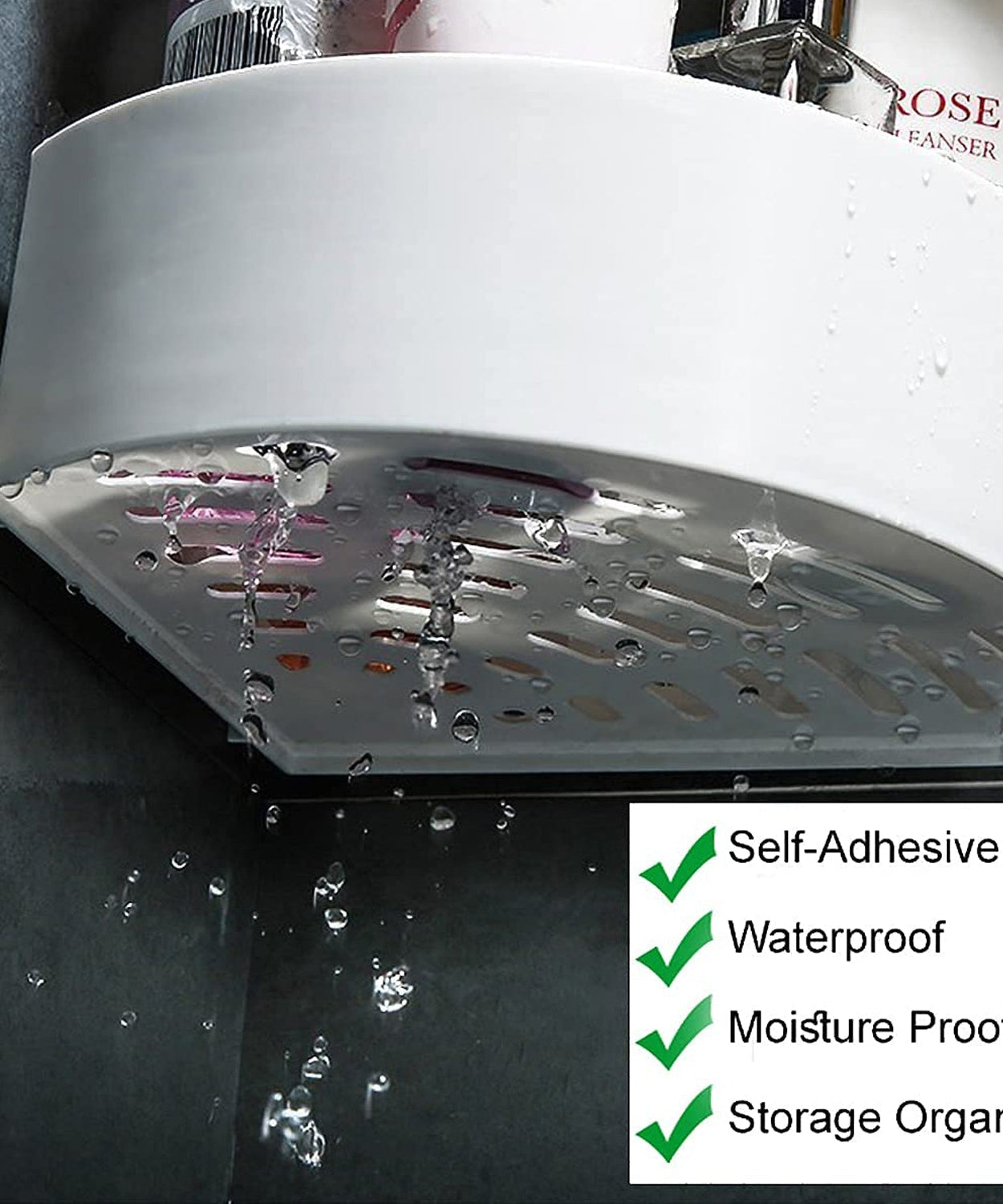 Corner storage shelf with adhesive