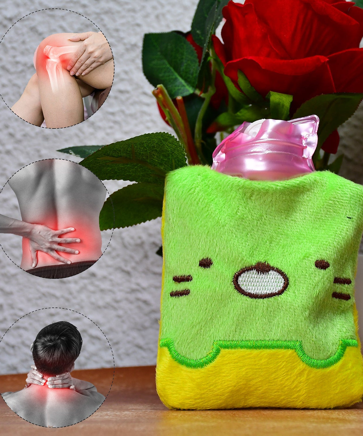 Hot water bag with green Kitty design for pain relief and menstrual cramps