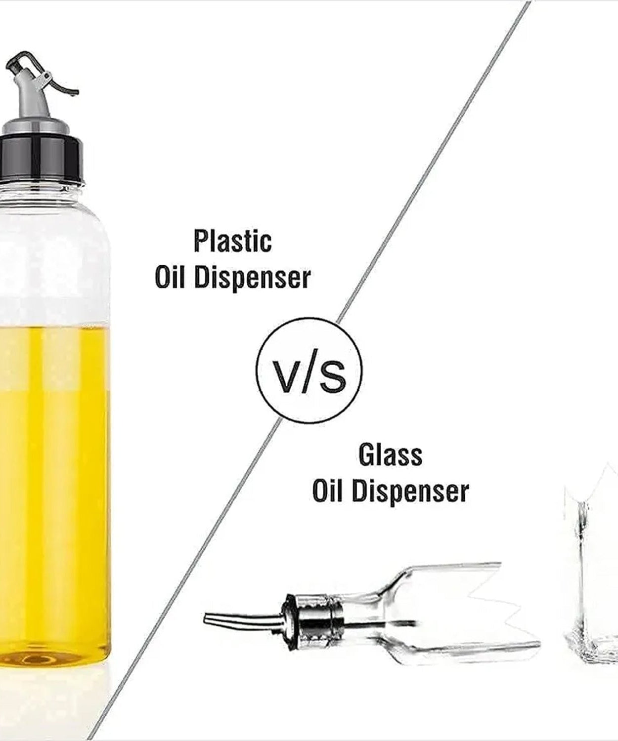 1-liter oil dispenser with a clear body and drip-free spout for mess-free pouring.