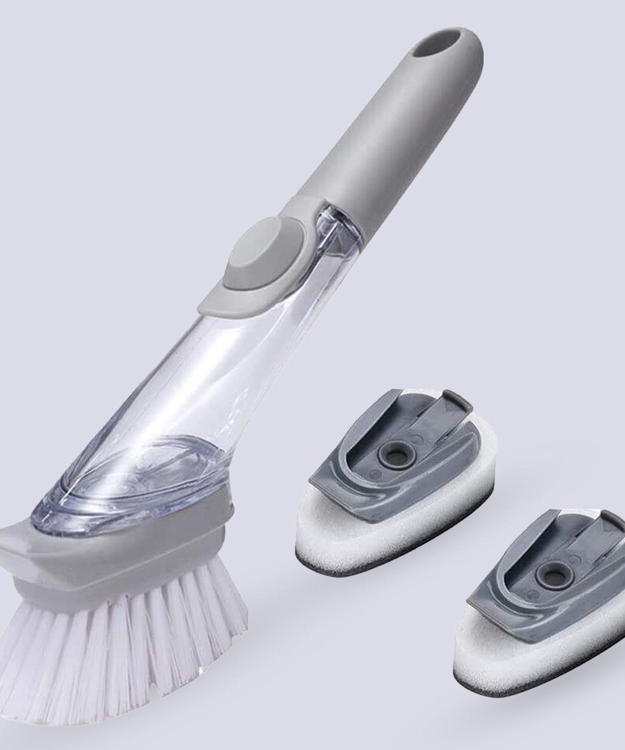Dish scrubber with built-in soap dispenser, includes 3 brush heads