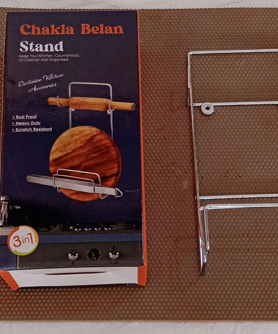 Chakla Belan Chimta Stand Rolling Pin Board Tong Holder Silver Stainless Steel Multi-Purpose Rack for Kitchen (1 Pc )