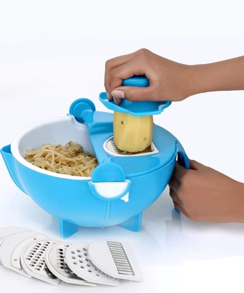 Multi-functional vegetable cutter and shredder with drain basket.