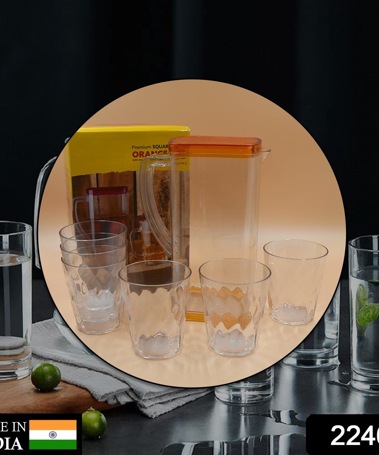 High-quality glass jug with ergonomic handle for easy pouring of beverages.