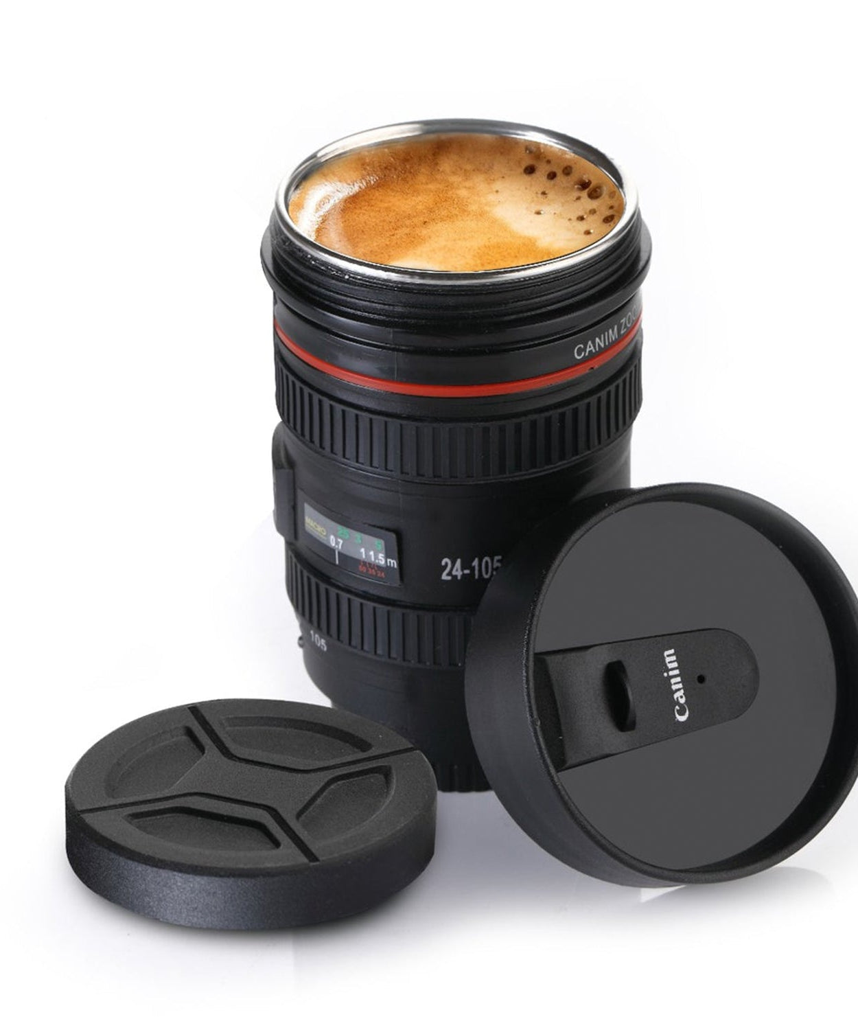Camera lens shaped stainless steel coffee mug, showcasing its detailed design and metal finish