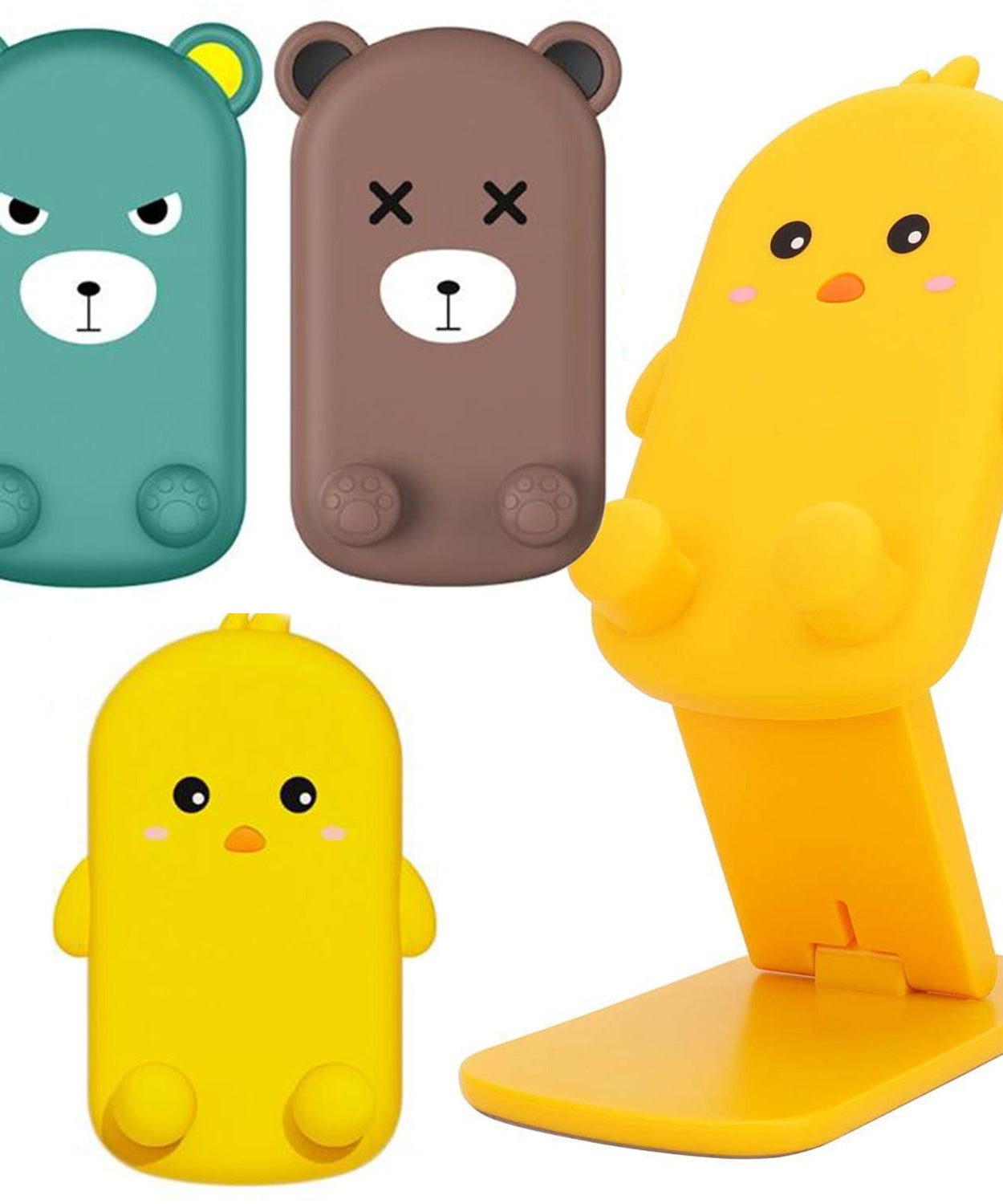 Mobile stand in use, demonstrating its adjustable angles and foldable feature in different positions