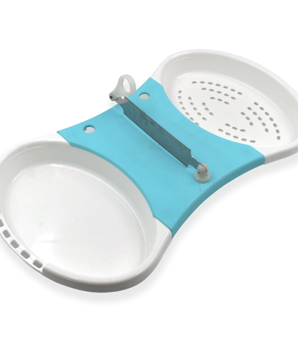 Multi-purpose cut and wash tool for quick kitchen prep of veggies and fruits.