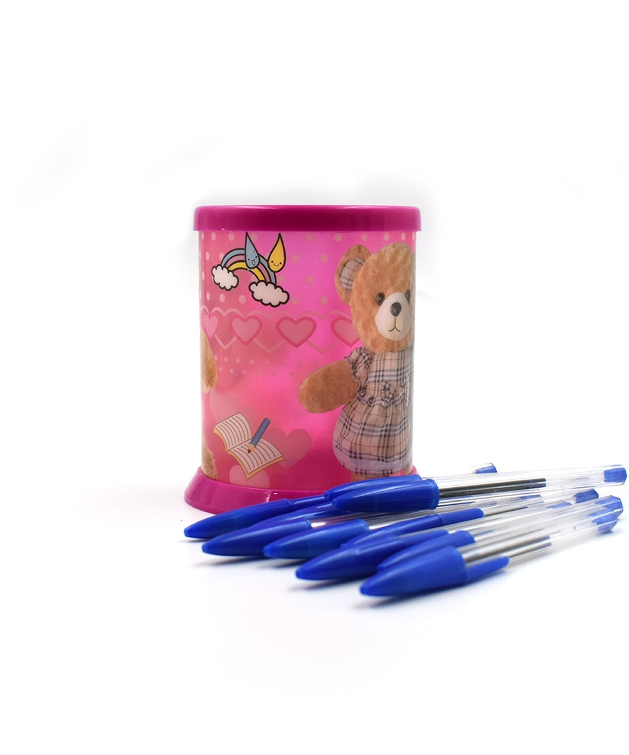 Pack of 10 budget-friendly stick ballpoint pens with a DIY stand for kids.