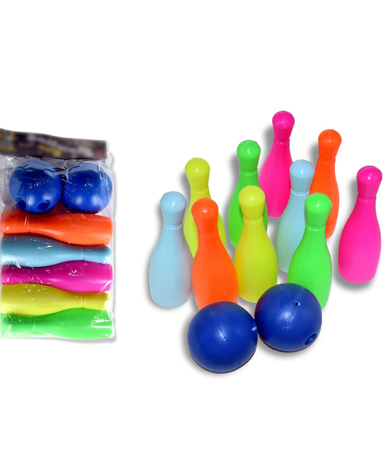 Set of bowling pins and ball in various colors for kids