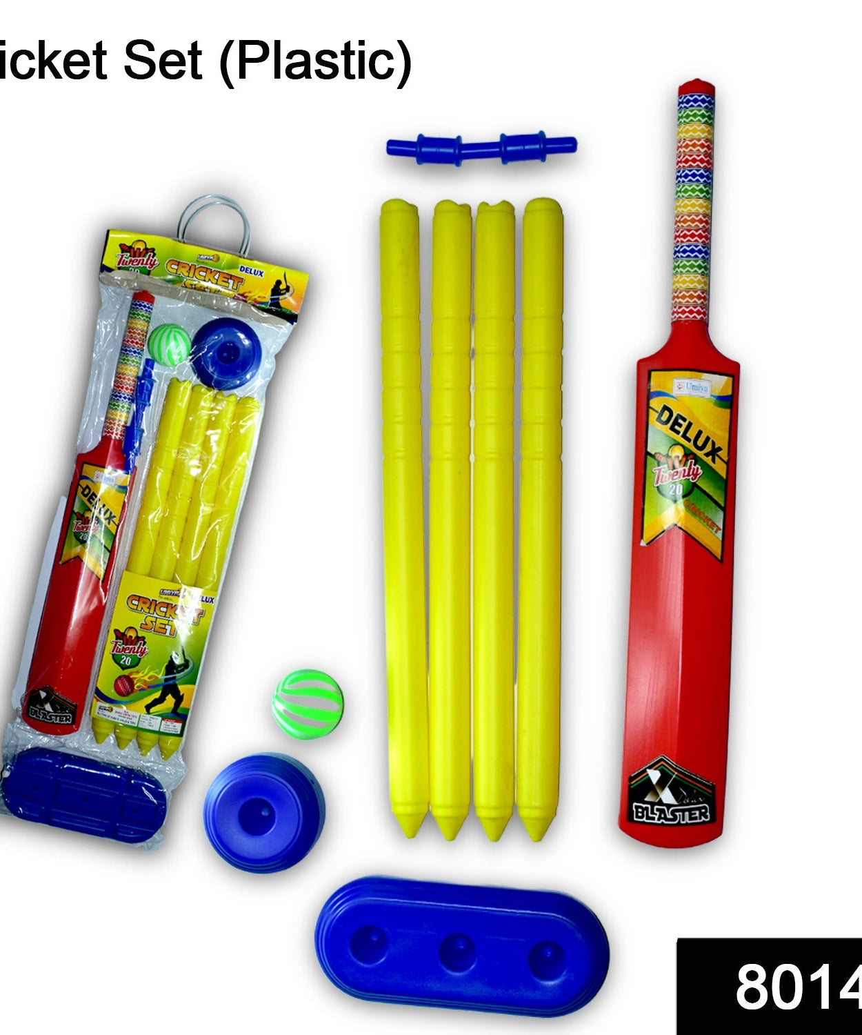 cricket bat, ball, and stumps in plastic set