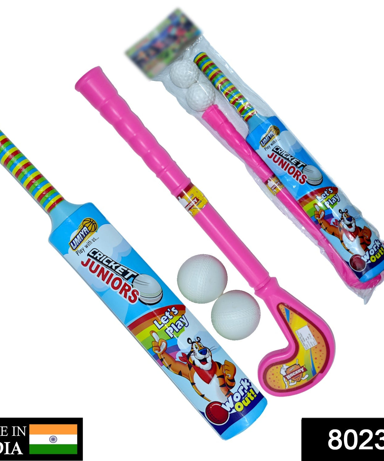 Various angles of plastic bat, ball, and hockey combo for children