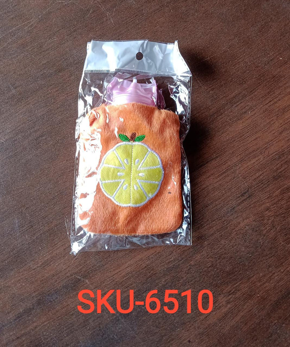 Orange hot water bag with cover for relief and warmth