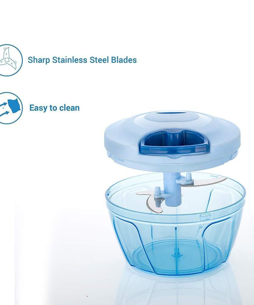 Hand-held chopper with stainless steel blades, compact and portable.