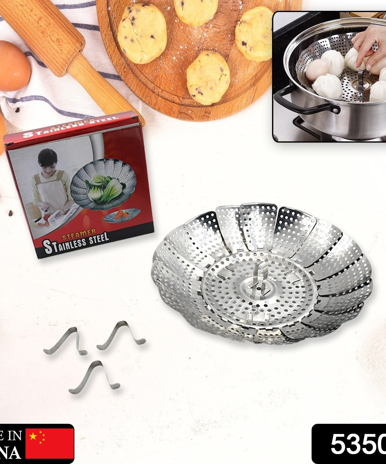 Stainless steel steamer basket for vegetables and utensils.