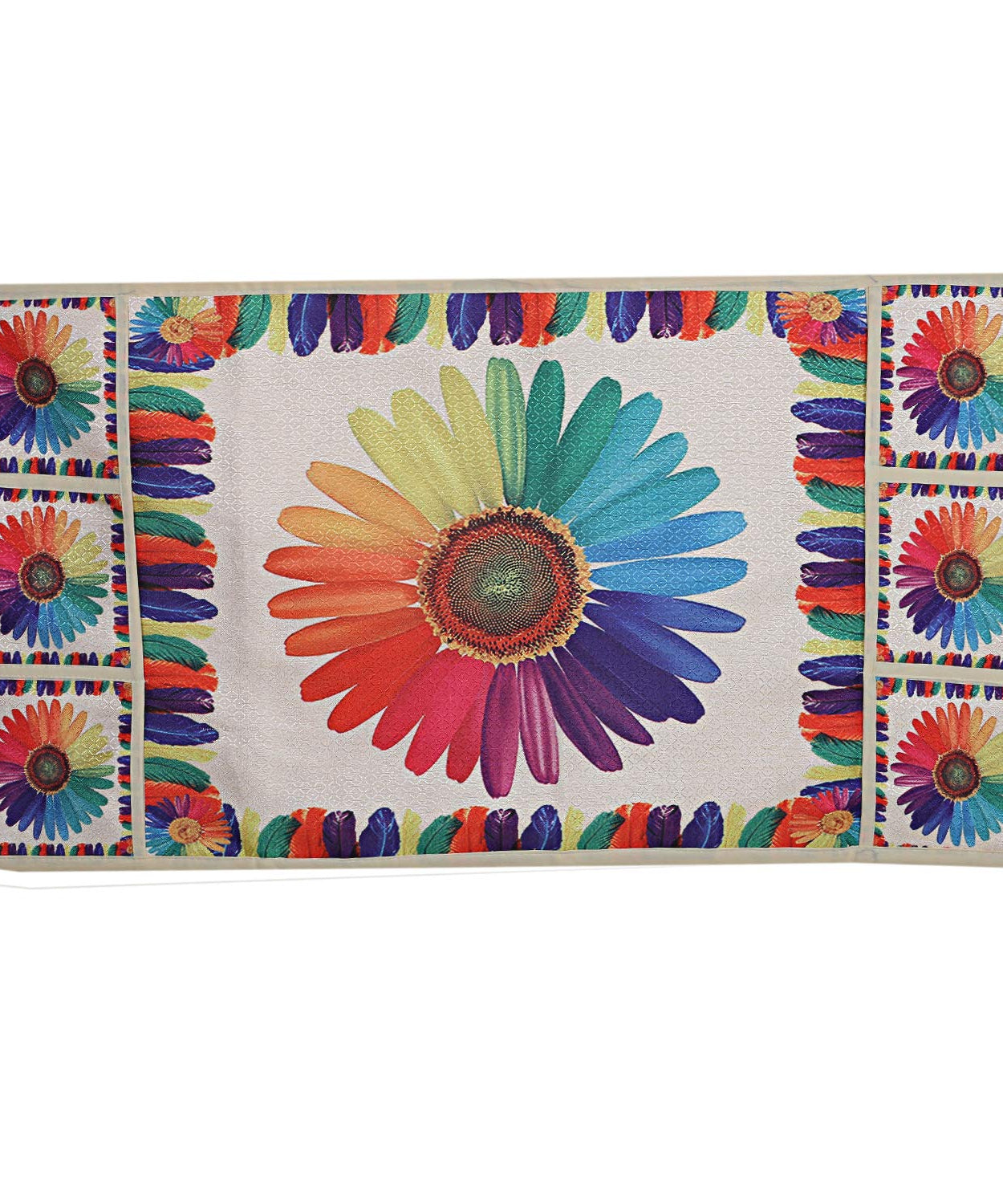 Maroon and white fridge top cover with a fruit design for kitchen decoration.