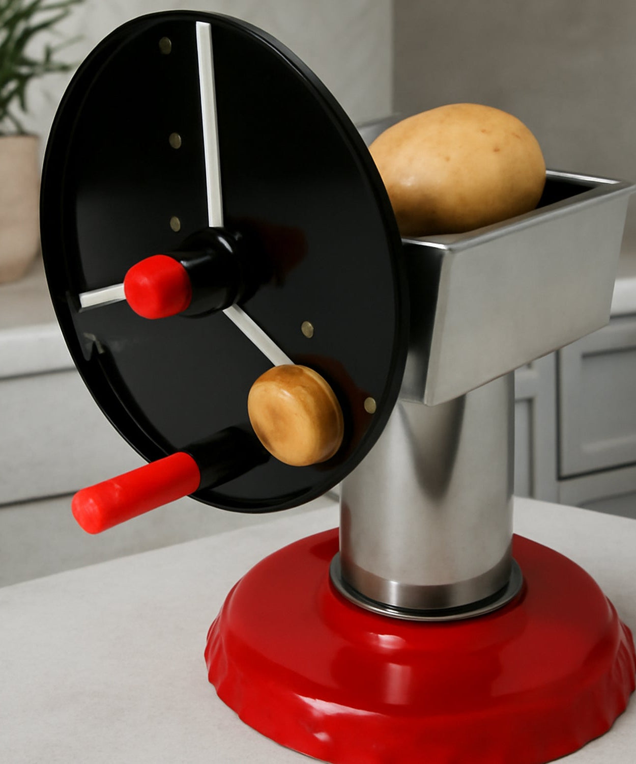 Stainless Steel Chips Maker and Vegetable Slicer for Kitchen Potato Slicer Graters and Chippers. Chips Maker is Suitable for Vegetable Cuttings. Chips Maker Consist Hard Coated Iron Wheel and Stand.