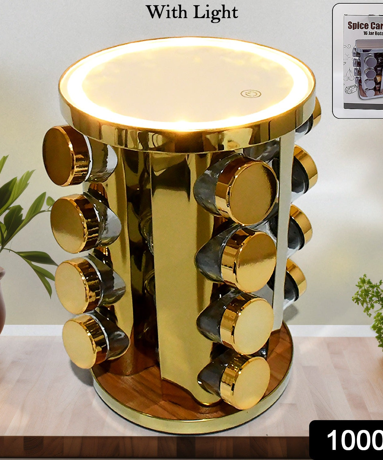 LED Spice Rack Organizer, Rotating Spice Rack with Free 16 Seasoning Jars, Revolving Tower Organizer Stainless Steel for Kitchen Storage (Golden / 16 Pc / MOQ - 6 pc)